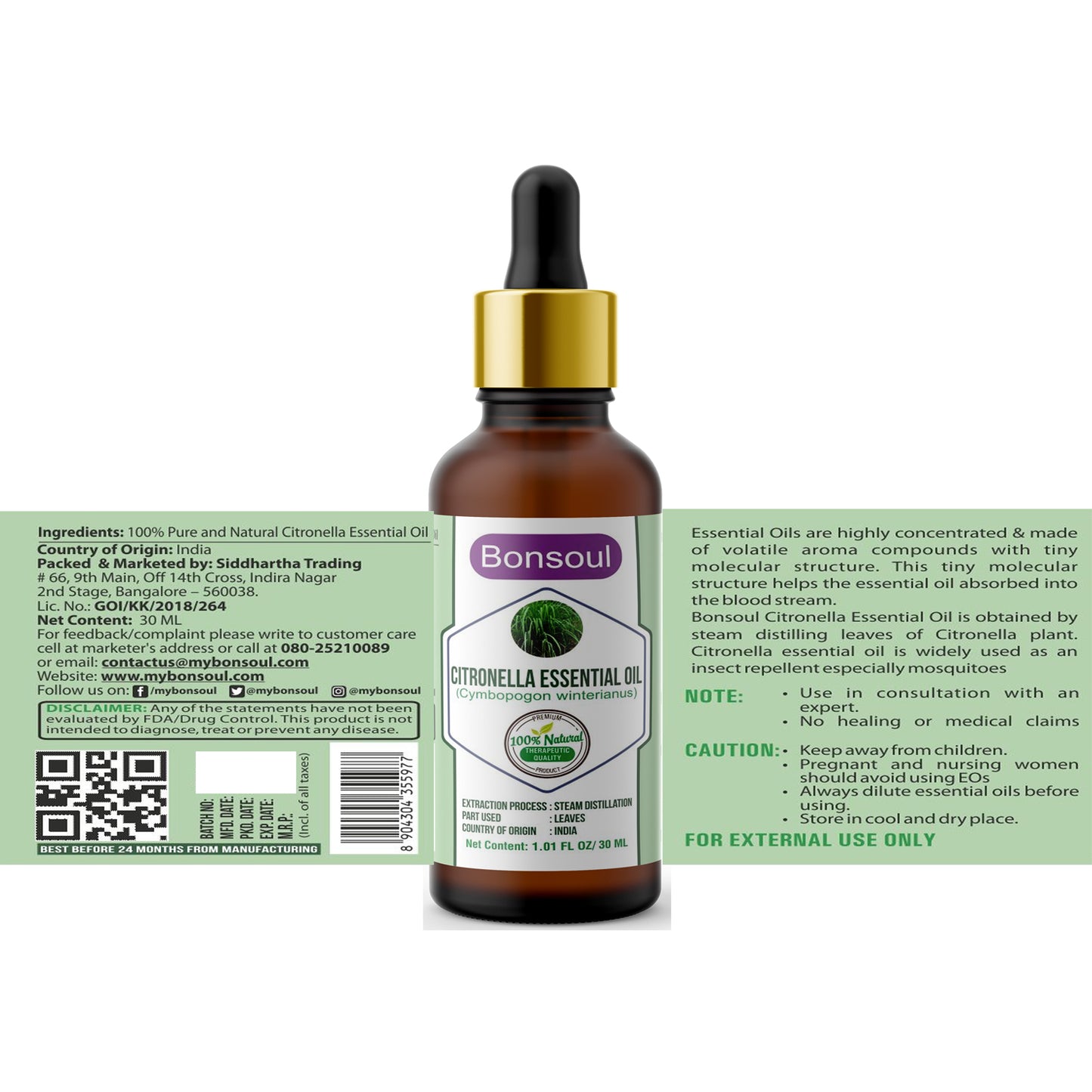 Bonsoul 100% Pure and Natural Citronella Essential Oil