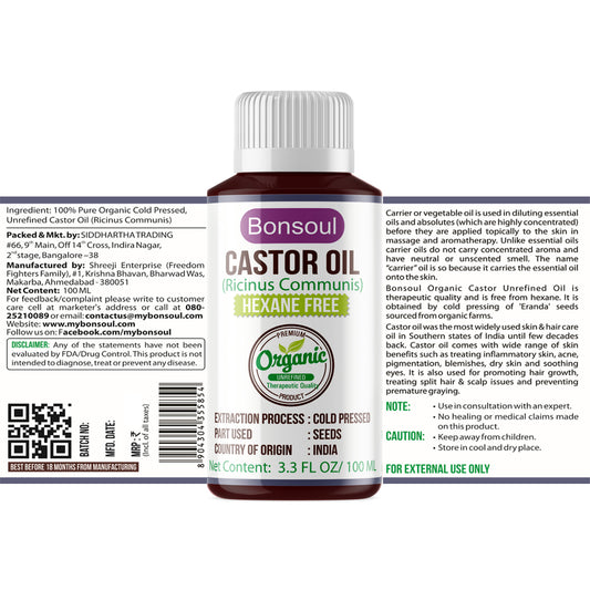 Bonsoul 100% Pure and Organic Cold Pressed Unrefined Castor Carrier Oil