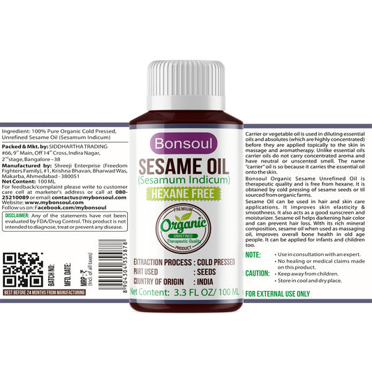 Bonsoul 100% Pure and Organic Cold Pressed Unrefined Sesame Carrier Oil