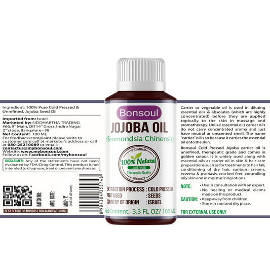 Bonsoul 100% Pure and Natural Cold Pressed Jojoba Carrier Oil