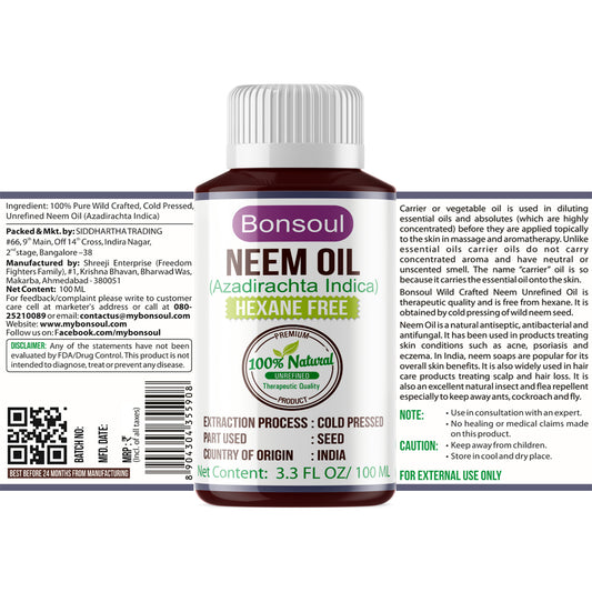 Bonsoul 100% Pure and Natural Cold Pressed Unrefined Wild Neem Oil